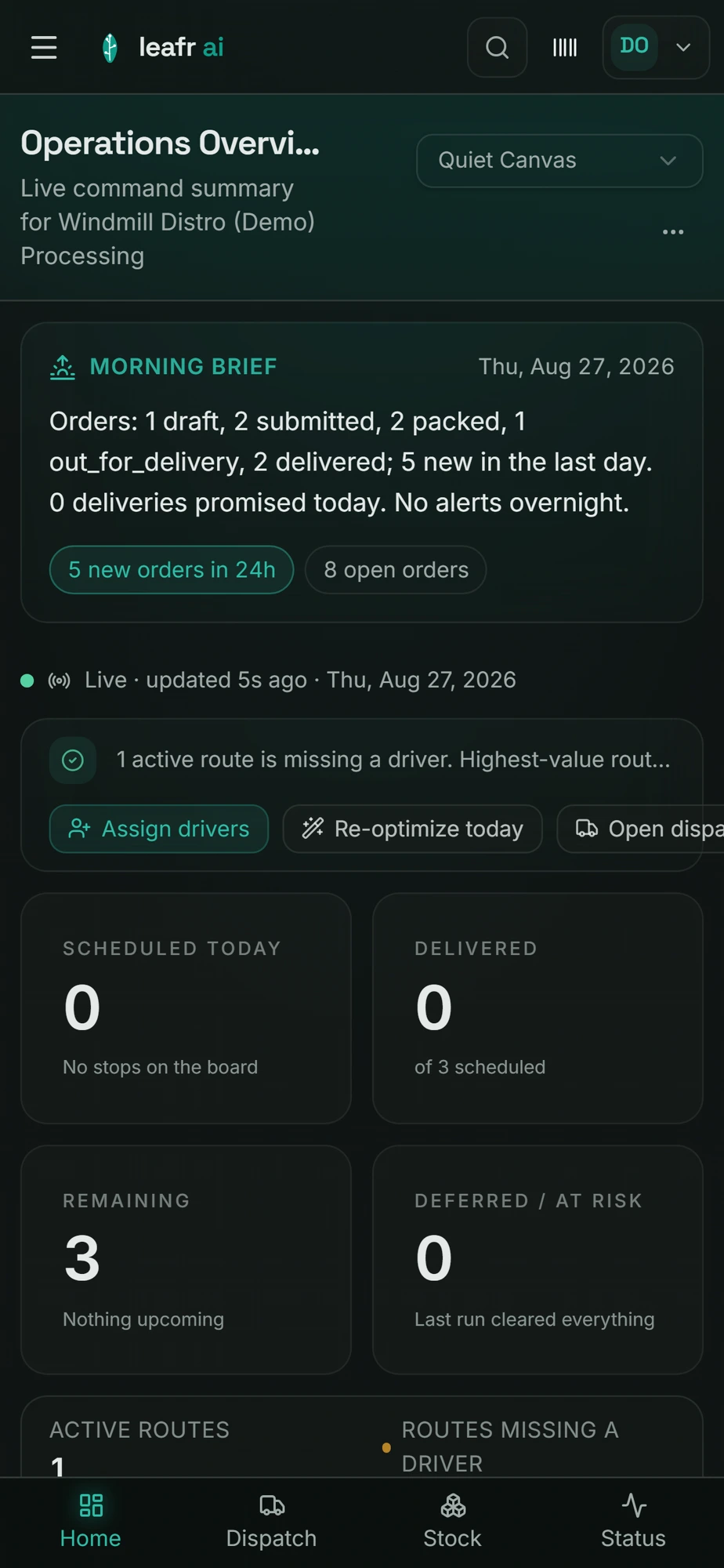 Leafr operator app on iPhone — Operations overview with the morning brief written for you.